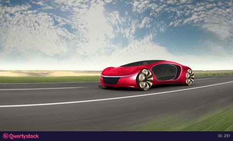 Red electric car on highway in desert. Concept of future. 4k animation.