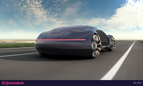 Electric car on highway in sandy desert. Back view. 4k animation. 