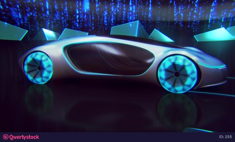 Electric concept car on a geometric background flying around. 4k 3d animation
