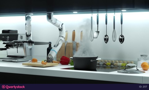 Hand The Robot Prepares Dinner The Robot Hand Cuts the Marking Drops It Into Boiling Water
