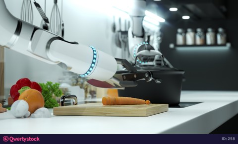 Robot prepares lunch. Robot hand cuts carrot, throws it into boiling water. Animation. 4k