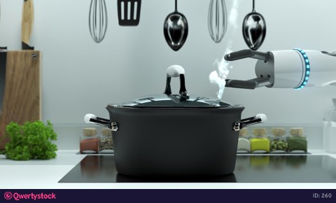 The robot hand opens the lid of boiling water in a saucepan. 4k