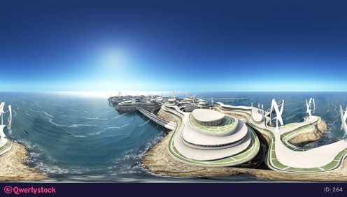 Futuristic megapolis on the water. High quality 360 VR 4K animation