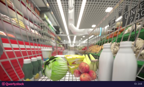 Hand robot buys food and puts them in the basket. 4k