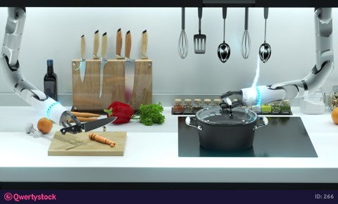 Robo hands are preparing dinner. Cut carrots, throw them into boiling water.