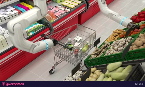 Robot hand makes purchases in the store.4k