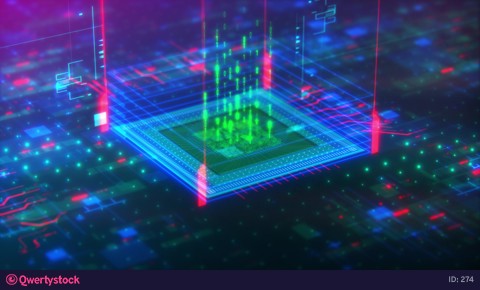 Data transmission through a virtual computer processor. Future technology. Closeup 4K