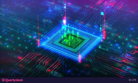 Technological background from an abstract microcircuit and an microprocessor. Data transmission in board chip virtual computer