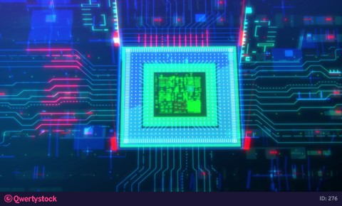 Data transmission through a virtual computer processor. Future technology. Closeup. Top view. 4K