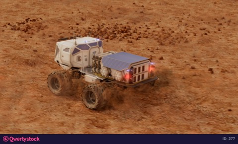 Martian rover drives across the rocky surface, observing the colonists base inside of the crater. 4K footage