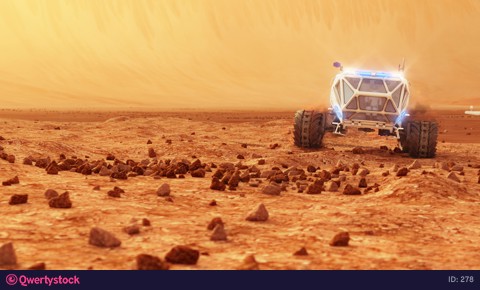 The cargo rover is moving on the surface of Mars. Starship in the background. 4K footage