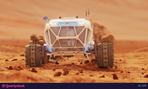 Rover rides over rough rocky surface of Martian crater. 4K footage