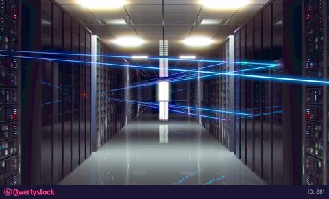 Data processing center. Digital information is transmitted over fiber optic cables over a network. Room with storage, server stations.
