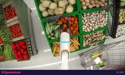 Robot hand makes purchases in a grocery store. First person movement.