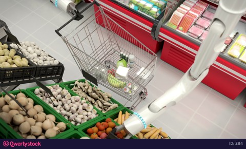 The robot makes purchases in the store and puts them in the basket.