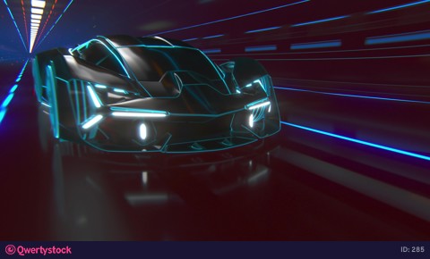 Black supercar made of blue lines driving fast on highway. Car model, detailed silhouette of sports car driving at high speed. Racing through the tunnel into the Light.