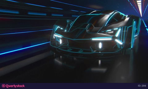 A sporty black car drives down the tunnel into a bright light. Stylized blue and white abstract lines.