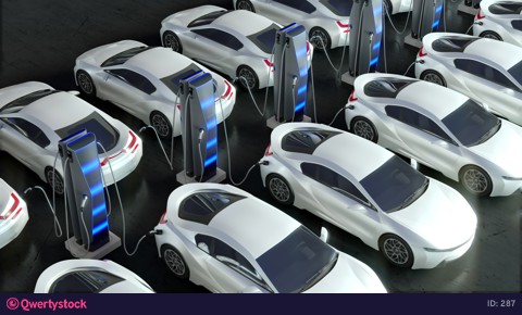 The car is parked at an electric charging station. Parking for electric vehicles.