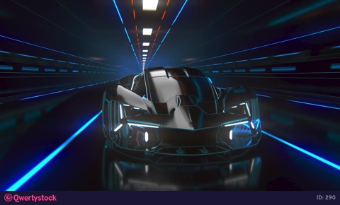 A fast sports car drives through a neon-lit tunnel.