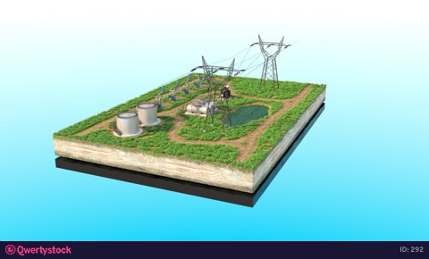 Isolated island with an electrical substation and oil storage tanks. Oil rigs