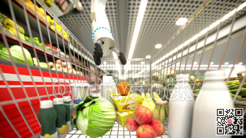 Grocery store. Automatic hand buys groceries. Shopping basket. 3D illustration.