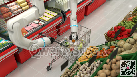 The grocery basket is being filled with robotic arms. Robots making a purchase. 3D illustration