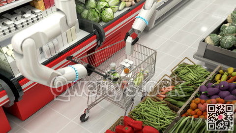 The grocery basket is being filled with robotic arms. Robots making a purchase. Remote purchases. 3D illustration.
