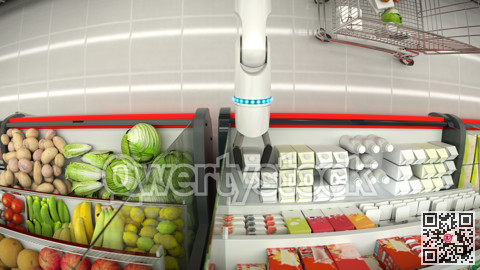 Supermarket shelves with groceries. Robot hand makes purchases in the store. 3D illustration