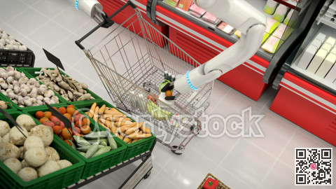 Shopping cart with groceries in the supermarket. Hand swarms do grocery shopping. 3D illustration