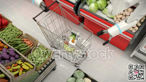 Shopping cart with groceries in the supermarket. Robots hand makes grocery shopping. 3D illustration.