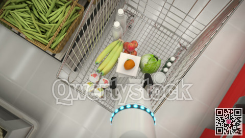 Automatic hand buys groceries. Holds a bag of milk in his hand. 3D illustration