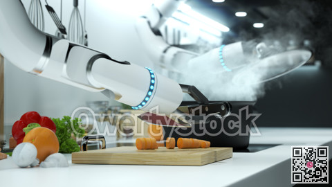 Automatic cooking by robot hands. A boiling pot of water. 3D illustration