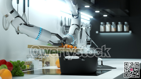 Robot hand prepares soup in a modern kitchen. Dumping the mark into boiling water. 3D illustration.