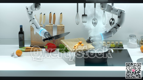 Robot hand prepares lunch in the kitchen. Cooking food by robots, automatic cooking. 3D rendering. 3D illustration.