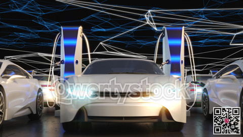 Charging for electric vehicles, close-up. Electric field on the background. Charging station. 3D illustration