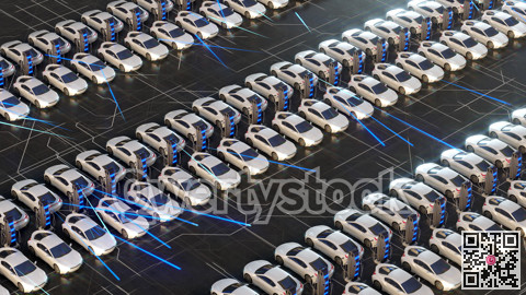 Large parking lot with electric cars, charging stations, power supply. The electric car is charging. 3D illustration