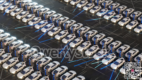 Parking with electric cars, charging station. The electric car is charging. 3D illustration.