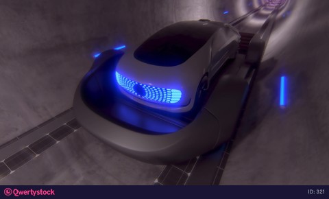 High-speed movement of the car on a platform, in a round tunnel. Future technology, tunnel highways.