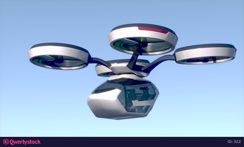 An unmanned passenger air taxi flies over the sea. The concept of the future driverless taxi. 3D rendering of animation.