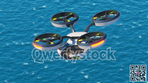 Air taxi transport. Flying over blue water. 3d illustration
