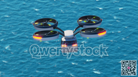 Air taxi transport. Flying over blue water. 3d illustration