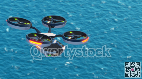 Individual personal air transport, flight over the sea. 3D illustration