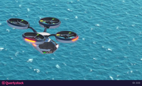 Flying taxi over the blue ocean. Delivery of people by flying taxis.