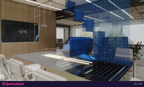 Animated charts diagrams of financial statistics report growing on table in office Interior. Exchange trading. 3d rendering. 3d animation.