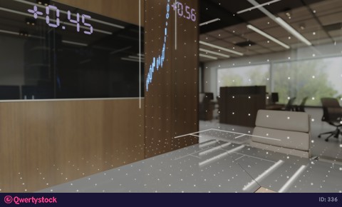 Price rise analytics chart. Stock market races graphic projection, office space. Close-up. 3d rendering. 3d animation.