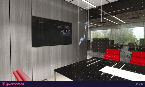 The chart of exchange fluctuations. The red halogram glowing from the table, in office. 3d rendering.