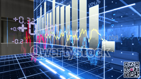 A halogram of stock charts. Glowing from the office table. 3d illustration
