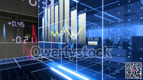 A halogram of stock charts. Glowing from the office table. 3d illustration