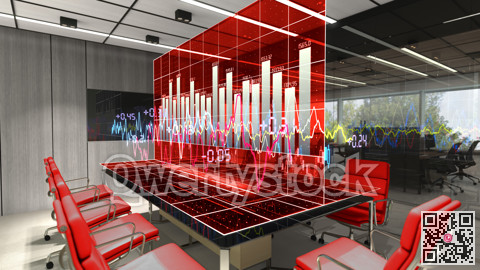 The red halogram charts the movement of exchange-traded currencies. Projection from the office table. 3d illustration.