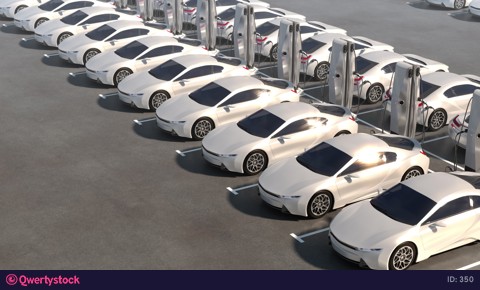 Rows of electric cars standing on recharging.